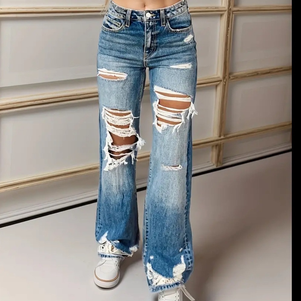 Mid-Waist Distressed Straight Leg Jeans